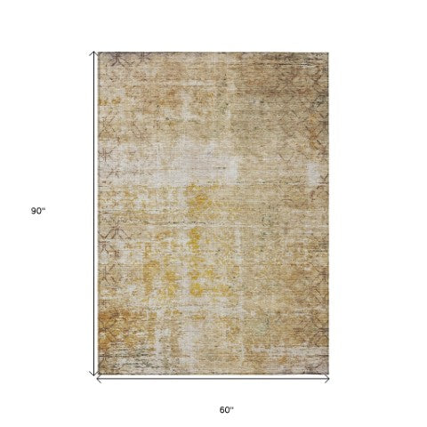 Homeroots 3' Stylish Gold Brown And Beige Geometric Washable Area Rug For Indoor And Outdoor Spaces 5' X 8' Polyester 605706
