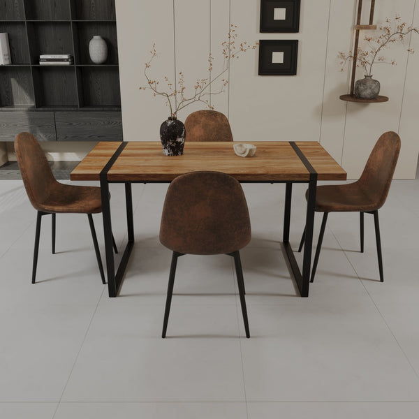 English Elm 59" Natural Wood Dining Table Set With 3 Modern Suede Chairs - Industrial Farmhouse Style, Durable Design W2189S00625