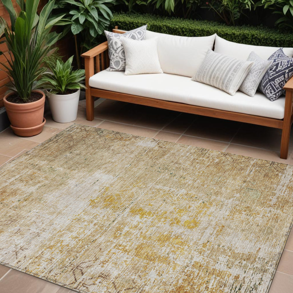 Homeroots 3' Stylish Gold Brown And Beige Geometric Washable Area Rug For Indoor And Outdoor Spaces 10' X 14' Polyester 605710