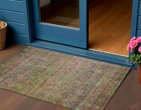 Homeroots 3' Artichoke Green And Hot Pink Floral Washable Area Rug - Perfect For Indoor And Outdoor Spaces 3' X 5' Polyester 605735