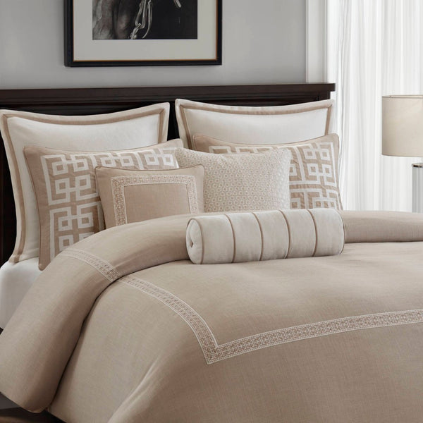 English Elm 9-piece King Bedding Set Velvet Slub Fabric Embroidered Comforter with Euro Shams Taupe B035P482954
