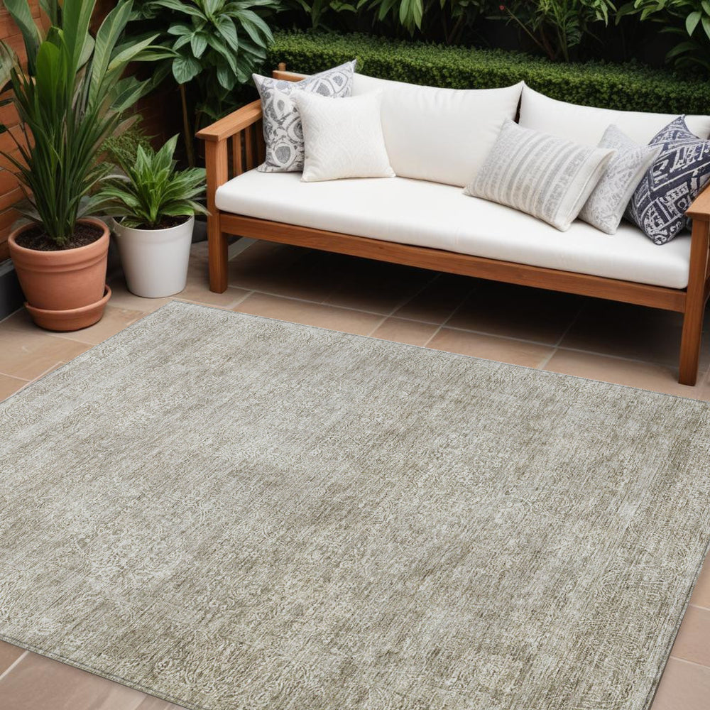 Homeroots 3' Beautiful Linen And Gray Floral Washable Area Rug For Indoor And Outdoor Spaces, Durable Design 10' X 14' Polyester 605746