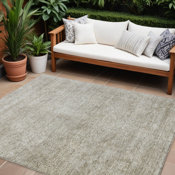 Homeroots 3' Beautiful Linen And Gray Floral Washable Area Rug For Indoor And Outdoor Spaces, Durable Design 10' X 14' Polyester 605746
