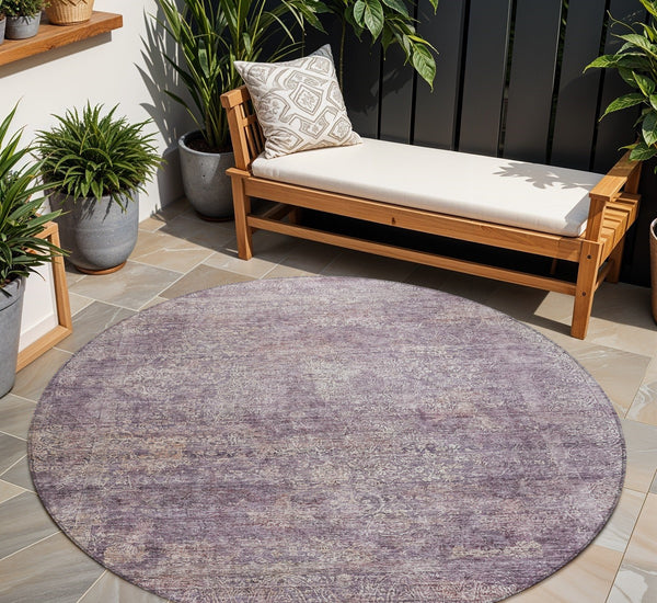 Homeroots 3' Beautiful Linen And Gray Floral Washable Area Rug For Indoor And Outdoor Spaces, Durable Design 8' Round Polyester 605749