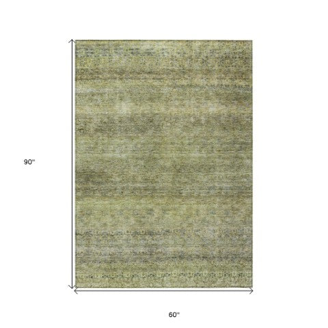Homeroots 3' Artichoke Green Brown Gray Striped Washable Area Rug For Indoor And Outdoor Spaces, Durable Design 5' X 8' Polyester 605760