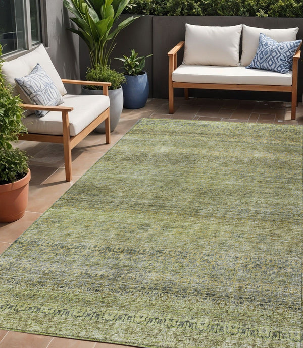 Homeroots 3' Artichoke Green Brown Gray Striped Washable Area Rug For Indoor And Outdoor Spaces, Durable Design 5' X 8' Polyester 605760