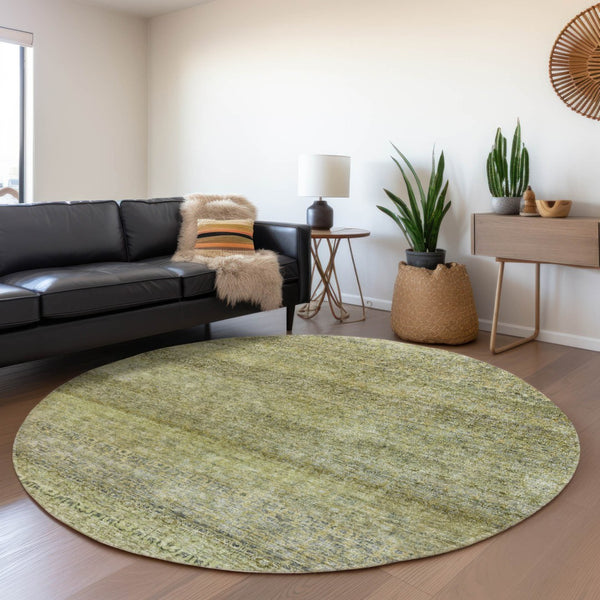 Homeroots 3' Artichoke Green Brown Gray Striped Washable Area Rug For Indoor And Outdoor Spaces, Durable Design 8' Round Polyester 605761