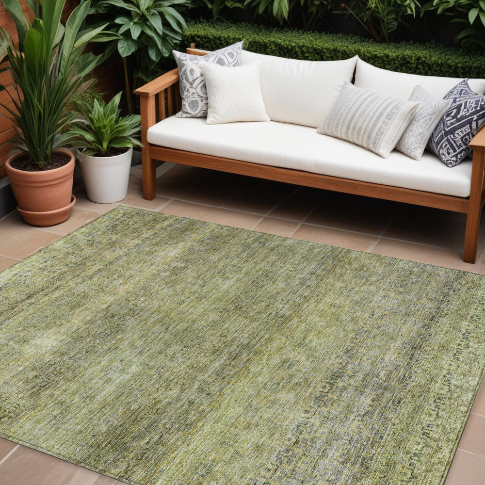 Homeroots 3' Artichoke Green Brown Gray Striped Washable Area Rug For Indoor And Outdoor Spaces, Durable Design 10' X 14' Polyester 605764