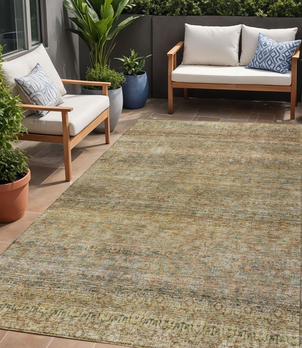 Homeroots 3' Artichoke Green Brown Gray Striped Washable Area Rug For Indoor And Outdoor Spaces, Durable Design 5' X 8' Polyester 605772