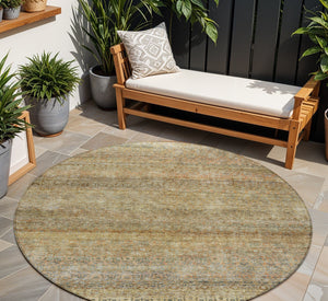 Homeroots 3' Artichoke Green Brown Gray Striped Washable Area Rug For Indoor And Outdoor Spaces, Durable Design 8' Round Polyester 605773