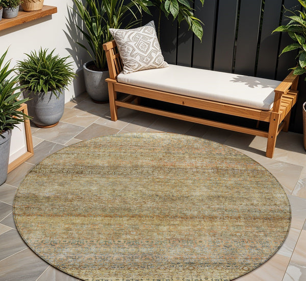 Homeroots 3' Artichoke Green Brown Gray Striped Washable Area Rug For Indoor And Outdoor Spaces, Durable Design 8' Round Polyester 605773