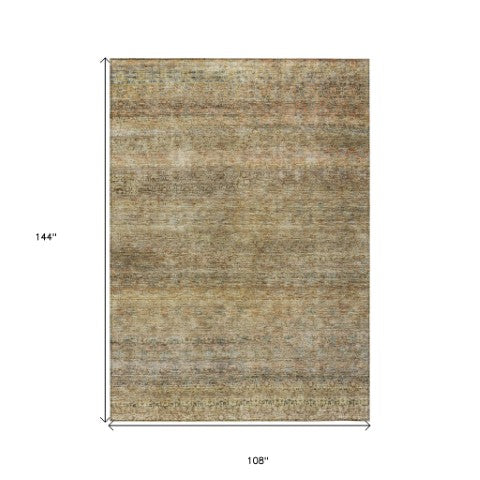 Homeroots 3' Artichoke Green Brown Gray Striped Washable Area Rug For Indoor And Outdoor Spaces, Durable Design 9' X 12' Polyester 605775
