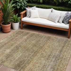Homeroots 3' Artichoke Green Brown Gray Striped Washable Area Rug For Indoor And Outdoor Spaces, Durable Design 9' X 12' Polyester 605775