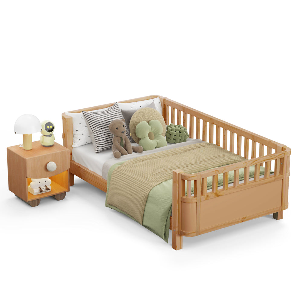 English Elm Twin Solid Wood Platform Bed for Kids with Safety Rail Rust‑Resistant Sturdy Pine Frame, 250lb Capacity Natural 69.48 L x 17.91 W x 7.48 H W2593P190150