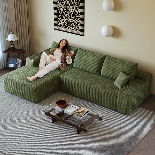 English Elm 107" Luxurious L-Shape Cloud Sectional Sofa, Plush Corduroy Couch, No Assembly, Green For Modern Living W2824S00121