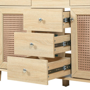 English Elm 48-inch Rattan Bathroom Vanity Solid Wood Frame Five Drawers Ceramic Sink Coastal Boho N765P38884950E