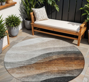 Homeroots 3' Khaki Black Terra Cotta Abstract Washable Area Rug For Indoor And Outdoor Spaces, Durable Design 8' Round Polyester 605827