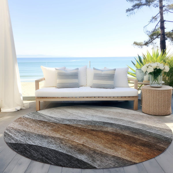 Homeroots 3' Khaki Black Terra Cotta Abstract Washable Area Rug For Indoor And Outdoor Spaces, Durable Design 8' Round Polyester 605827