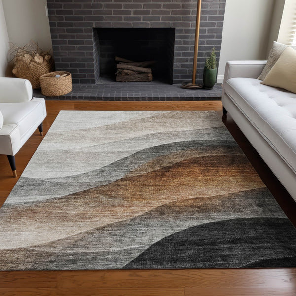 Homeroots 3' Khaki Black Terra Cotta Abstract Washable Area Rug For Indoor And Outdoor Spaces, Durable Design 8' X 10' Polyester 605828