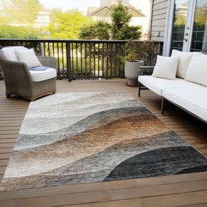 Homeroots 3' Khaki Black Terra Cotta Abstract Washable Area Rug For Indoor And Outdoor Spaces, Durable Design 8' X 10' Polyester 605828