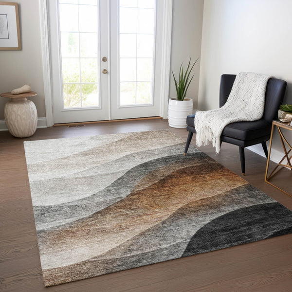 Homeroots 3' Khaki Black Terra Cotta Abstract Washable Area Rug For Indoor And Outdoor Spaces, Durable Design 10' X 14' Polyester 605830