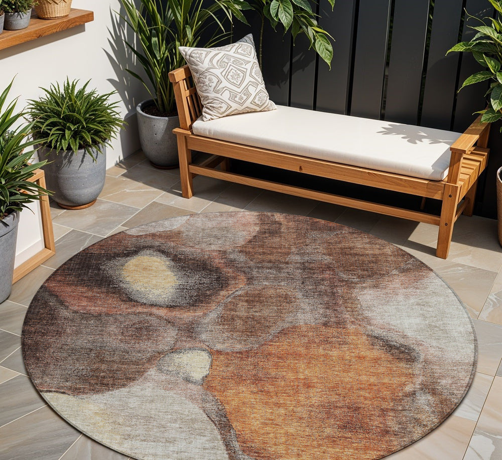 Homeroots 3' Cozy Coffee Copper And Beige Abstract Washable Area Rug For Indoor And Outdoor Spaces 8' Round Polyester 605833