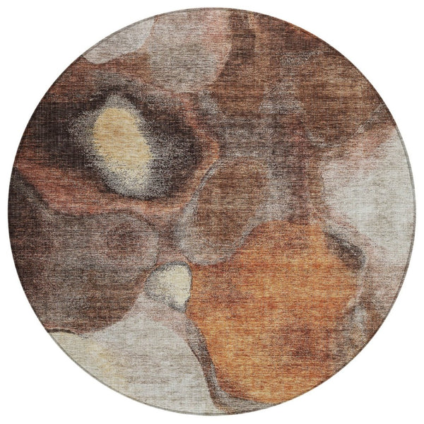 HomeRoots 5' Stylish Coffee Copper and Beige Abstract Area Rug - Washable, Durable Indoor/Outdoor Design 8' Round 605833