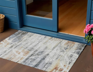 Homeroots 3' Stylish Silver Copper Ivory Geometric Washable Area Rug For Indoor And Outdoor Spaces 3' X 5' Polyester 605837