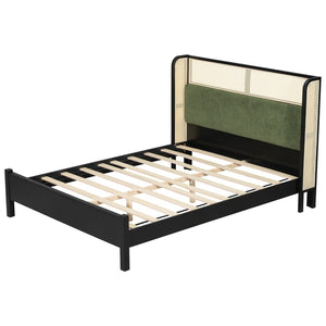 English Elm Queen Platform Bed Solid Wood Frame Velvet Headboard Modern Minimalist Bedroom N770PQ375070B