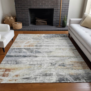 Homeroots 3' Stylish Silver Copper Ivory Geometric Washable Area Rug For Indoor And Outdoor Spaces 8' X 10' Polyester 605840