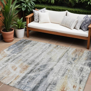 Homeroots 3' Stylish Silver Copper Ivory Geometric Washable Area Rug For Indoor And Outdoor Spaces 10' X 14' Polyester 605842