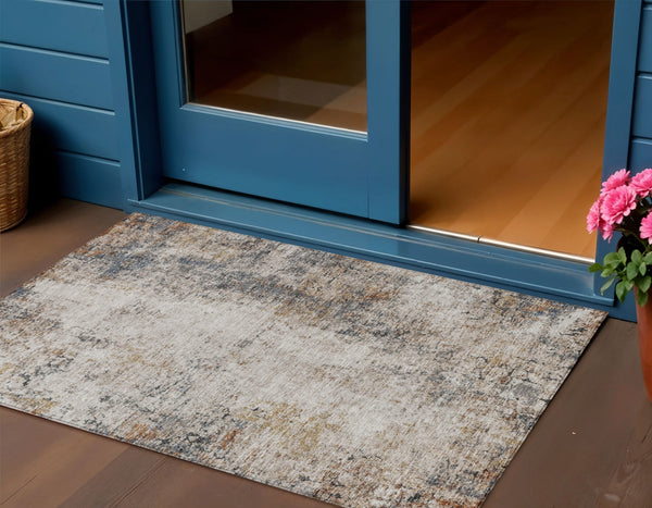 Homeroots 3' Stylish Ivory Blue And Copper Abstract Washable Area Rug For Indoor And Outdoor Spaces 3' X 5' Polyester 605843