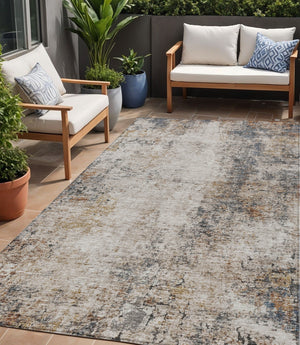 Homeroots 3' Stylish Ivory Blue And Copper Abstract Washable Area Rug For Indoor And Outdoor Spaces 5' X 8' Polyester 605844