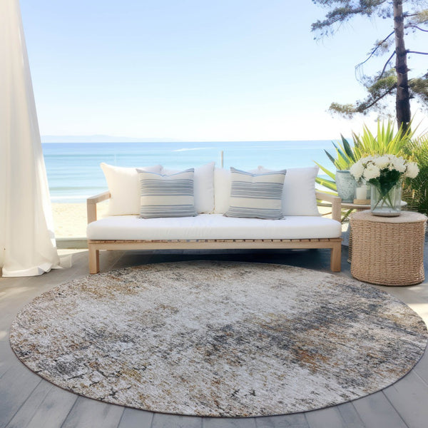 Homeroots 3' Stylish Ivory Blue And Copper Abstract Washable Area Rug For Indoor And Outdoor Spaces 8' Round Polyester 605845