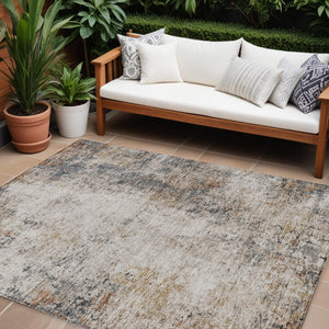 Homeroots 3' Stylish Ivory Blue And Copper Abstract Washable Area Rug For Indoor And Outdoor Spaces 10' X 14' Polyester 605848