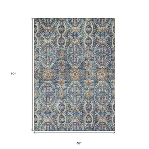 Homeroots 3' Denim Blue Beige & Brown Floral Washable Area Rug - Durable Indoor/Outdoor Design For Any Space 3' X 5' Polyester 605849