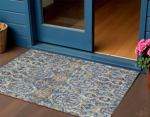 Homeroots 3' Denim Blue Beige & Brown Floral Washable Area Rug - Durable Indoor/Outdoor Design For Any Space 3' X 5' Polyester 605849