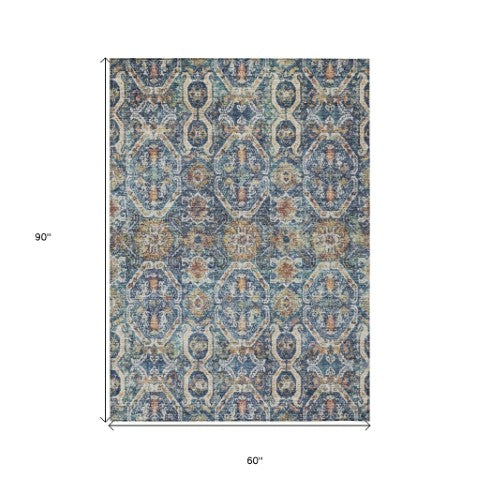 Homeroots 3' Denim Blue Beige & Brown Floral Washable Area Rug - Durable Indoor/Outdoor Design For Any Space 5' X 8' Polyester 605850