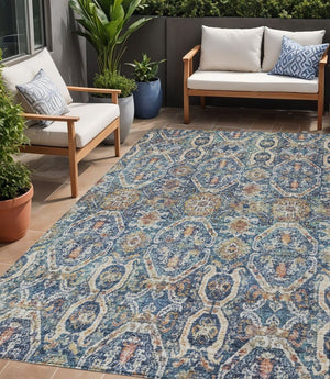 Homeroots 3' Denim Blue Beige & Brown Floral Washable Area Rug - Durable Indoor/Outdoor Design For Any Space 5' X 8' Polyester 605850