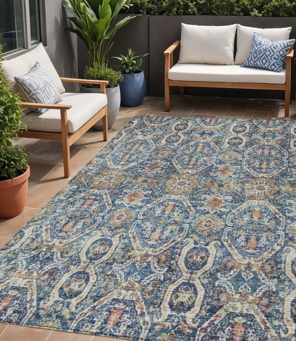 Homeroots 3' Denim Blue Beige & Brown Floral Washable Area Rug - Durable Indoor/Outdoor Design For Any Space 5' X 8' Polyester 605850