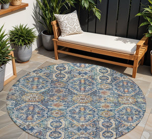 Homeroots 3' Denim Blue Beige & Brown Floral Washable Area Rug - Durable Indoor/Outdoor Design For Any Space 8' Round Polyester 605851