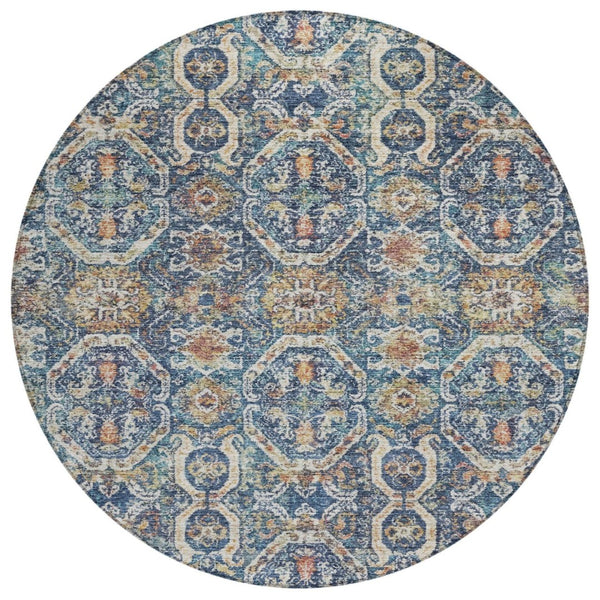 HomeRoots 5' Durable Denim Blue Floral Area Rug - Washable Indoor/Outdoor Design for Stylish Spaces 8' Round 605851