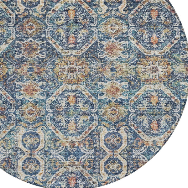 Homeroots 3' Denim Blue Beige & Brown Floral Washable Area Rug - Durable Indoor/Outdoor Design For Any Space 8' Round Polyester 605851