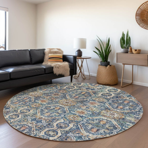 Homeroots 3' Denim Blue Beige & Brown Floral Washable Area Rug - Durable Indoor/Outdoor Design For Any Space 8' Round Polyester 605851