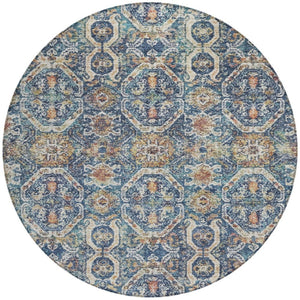 Homeroots 3' Denim Blue Beige & Brown Floral Washable Area Rug - Durable Indoor/Outdoor Design For Any Space 8' Round Polyester 605851