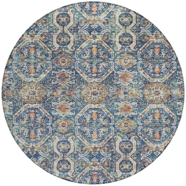Homeroots 3' Denim Blue Beige & Brown Floral Washable Area Rug - Durable Indoor/Outdoor Design For Any Space 8' Round Polyester 605851