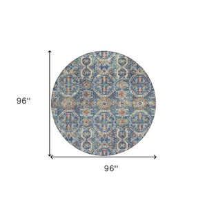 Homeroots 3' Denim Blue Beige & Brown Floral Washable Area Rug - Durable Indoor/Outdoor Design For Any Space 8' Round Polyester 605851