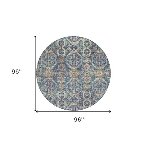 Homeroots 3' Denim Blue Beige & Brown Floral Washable Area Rug - Durable Indoor/Outdoor Design For Any Space 8' Round Polyester 605851