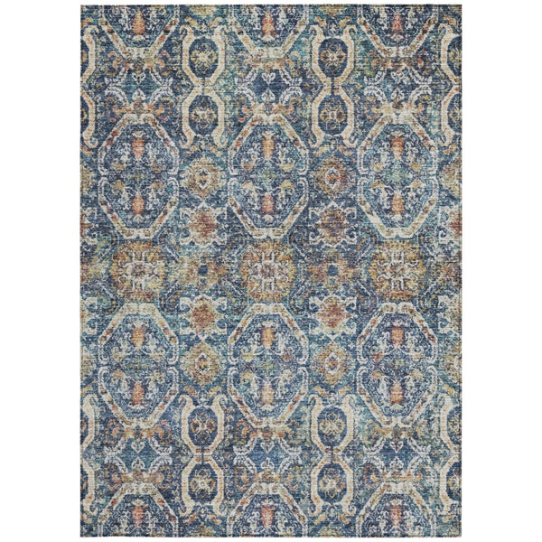 Homeroots 3' Denim Blue Beige & Brown Floral Washable Area Rug - Durable Indoor/Outdoor Design For Any Space 8' X 10' Polyester 605852