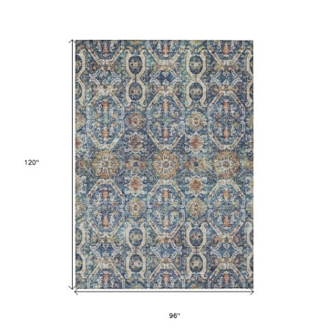 Homeroots 3' Denim Blue Beige & Brown Floral Washable Area Rug - Durable Indoor/Outdoor Design For Any Space 8' X 10' Polyester 605852